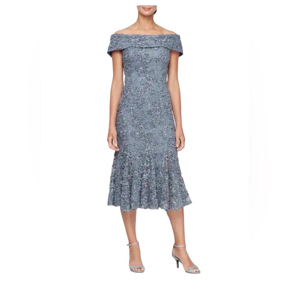 NWT Alex Evenings Off Shoulder Lace Midi Dress SZ 16 $199 Retail